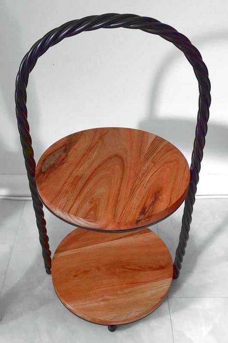 Etażerka dwupoziomowa, patera, półka drewno i metal.