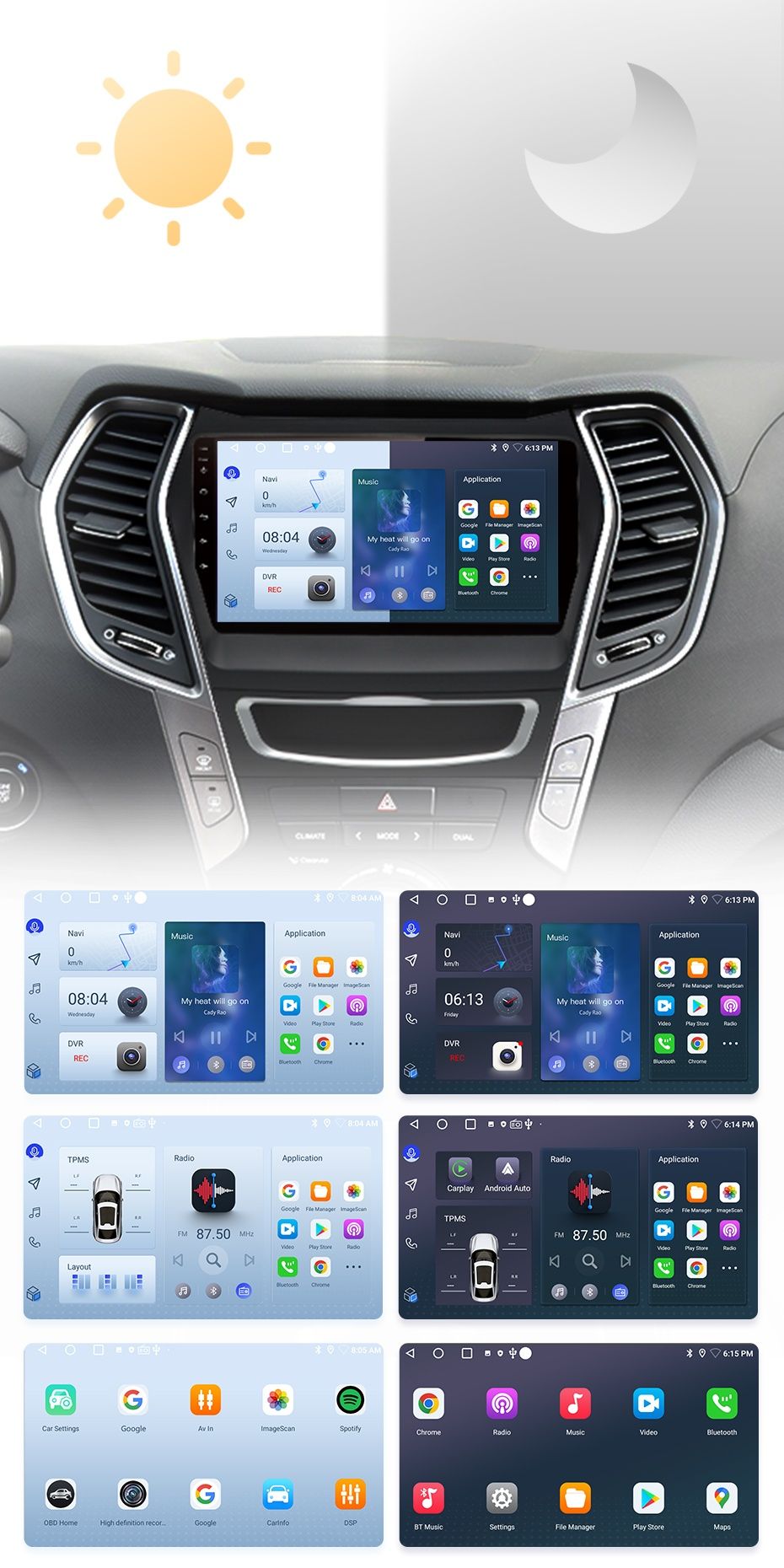 Rádio 9" Android Hyundai Santa Fe 3 Ix45 de 2013-16 Carplay GPS Wi-Fi