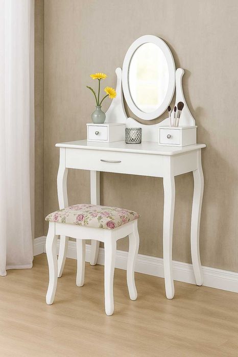 Toaletka Kosmetyczna z LUSTREM BIAŁA + TABORET Model ELEGANCE 002