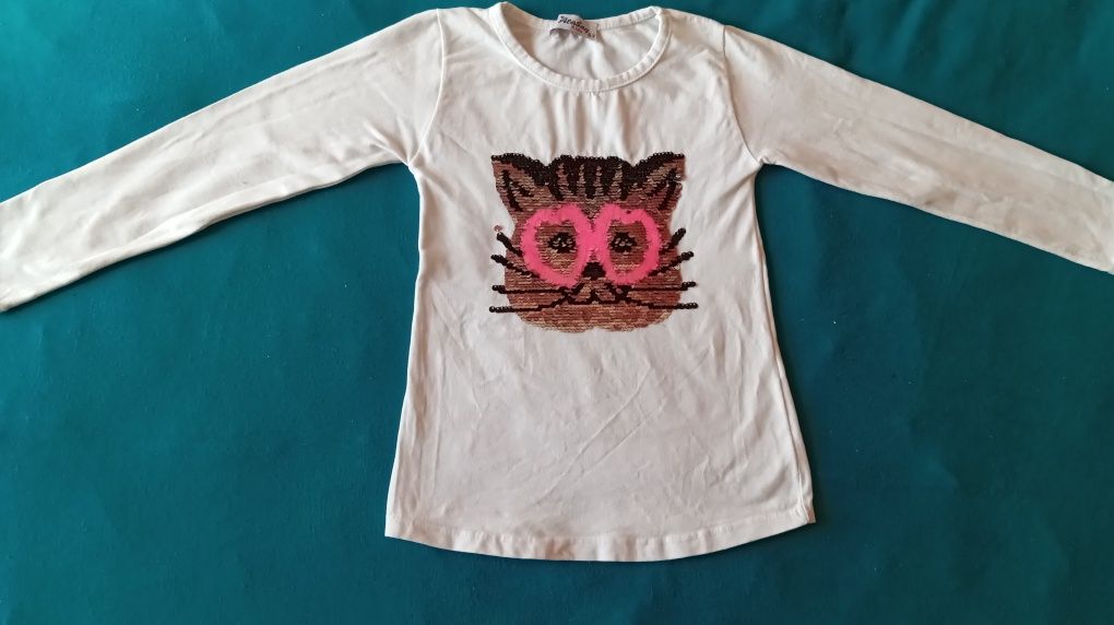 2x koszulka z długim rękawem - longsleeve, kot + cekiny, rozmiar 116