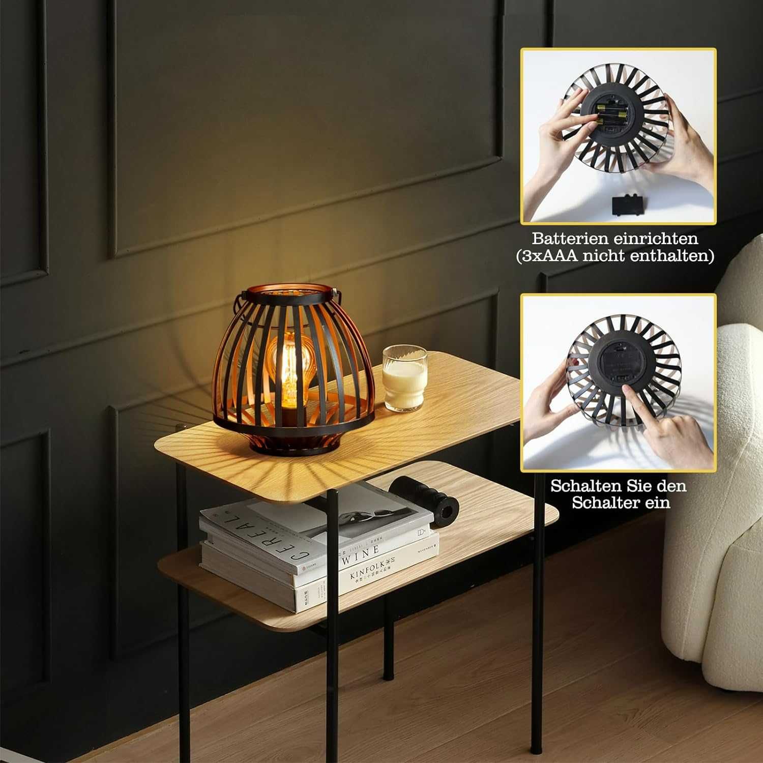 Czarna metalowa lampa stołowa zasilanie bateryjne styl klatki