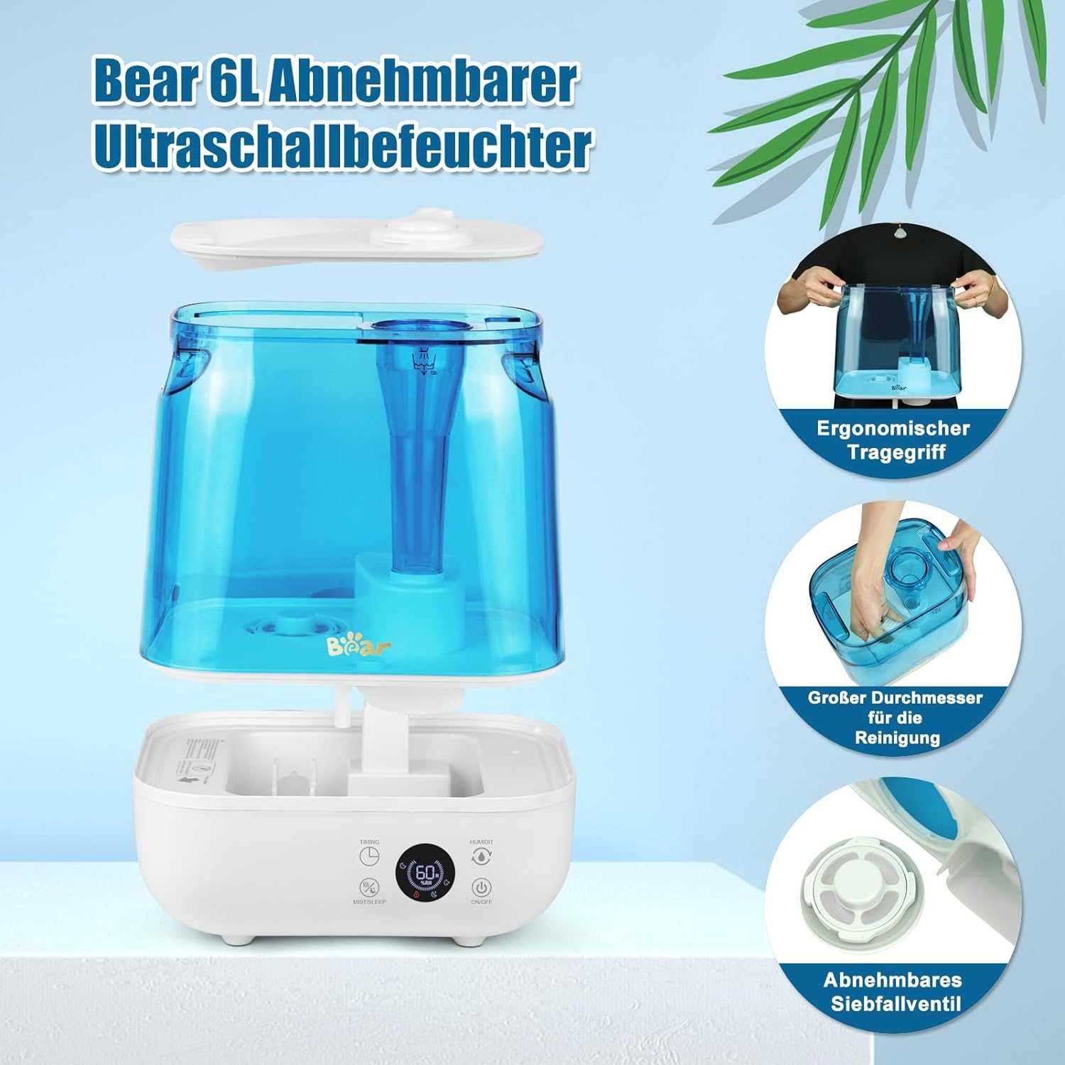 Nawilżacz Bear 6 l Nawilżacz od góry, timer, tryb uśpienia