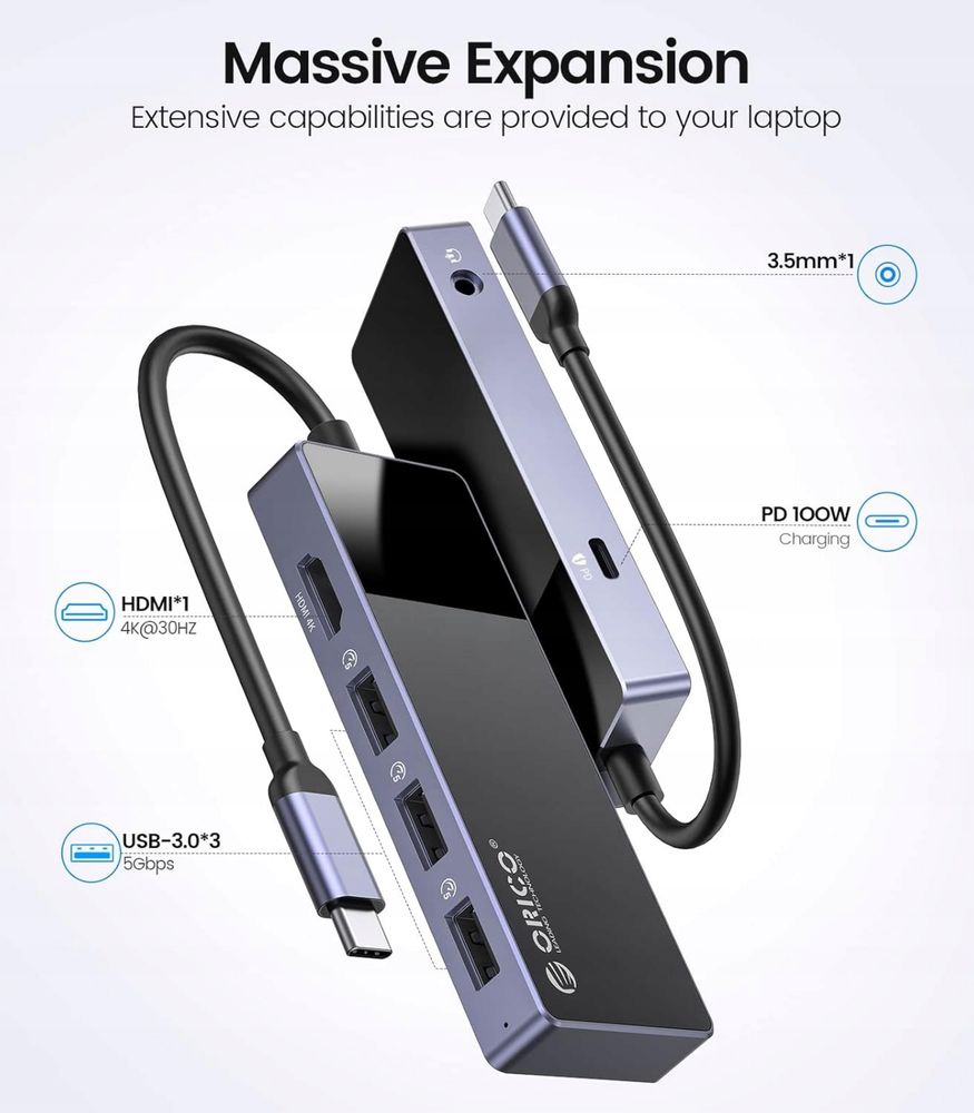 Orico Hub USB-C 6 w 1, HDMI 4K  30Hz, USB-A 3.0 × 3, 3,5 mm Audio × 1