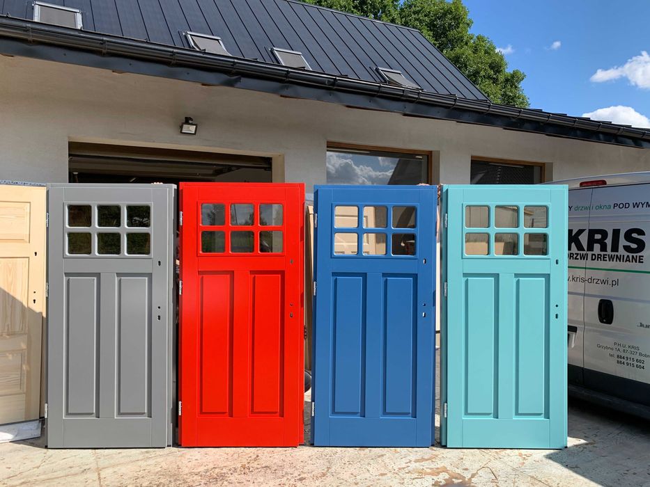 Drzwi zewnętrzne drewniane niebieskie 5001  zielone Montaż CAŁY KRAJ