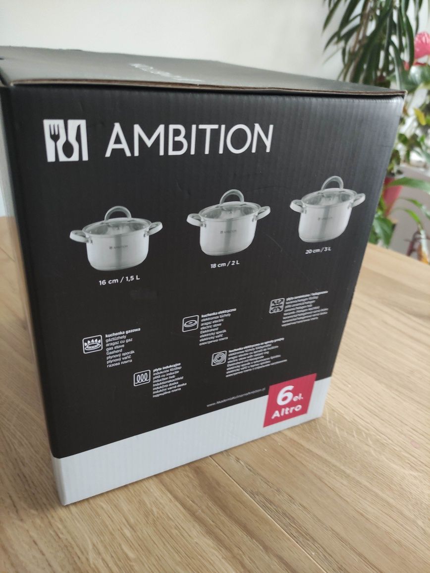 Komplet zestaw garnków 6 elementów AMBITION Altro NOWE SUPER CENA