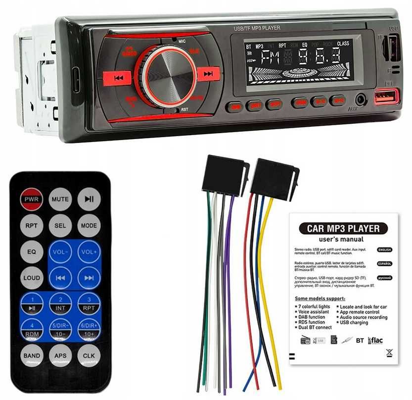 Radio Samochodowe Bluetooth 1-DIN USB AUX SD Mikrofon Pilot Bater RGB