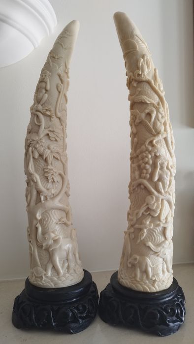Dentes de elefante (imitação) em marfinite em base de madeira