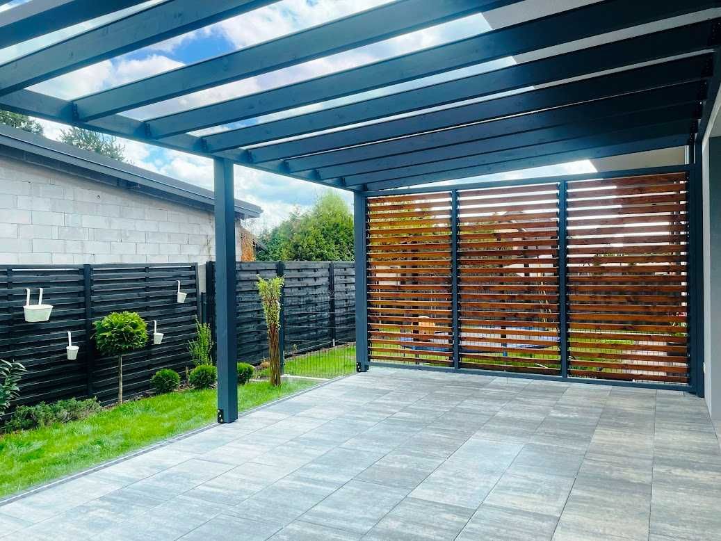 pergola z drewna klejonego BSH, zadaszenie tarasu, poliwęglan
