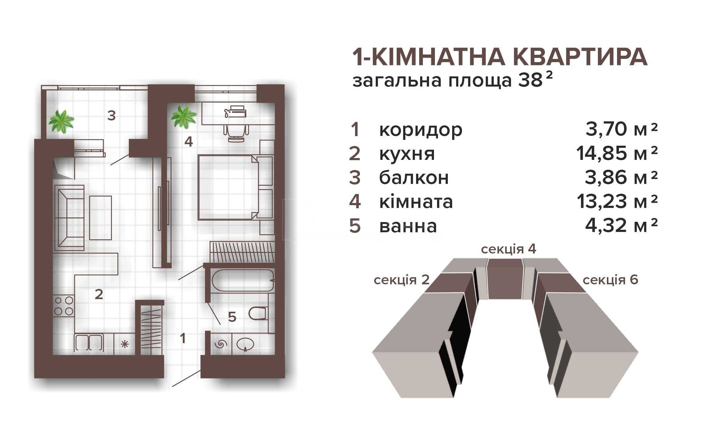 1-кім квартира з наповненням на розтермінування