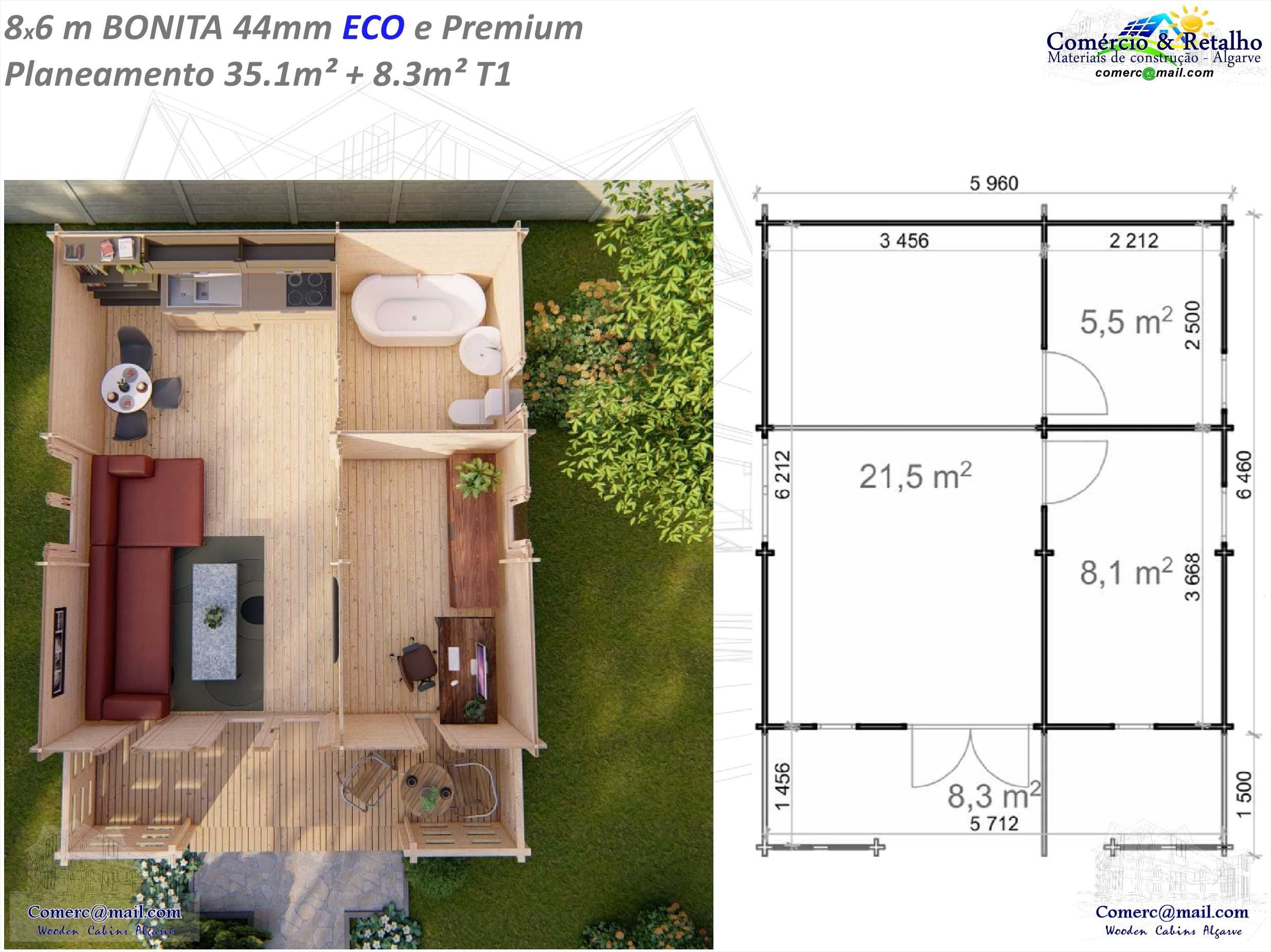 Casa madeira BONITA 50m² - 44 e 68mm - Terraço 8.3m² - T1 3 Modelos