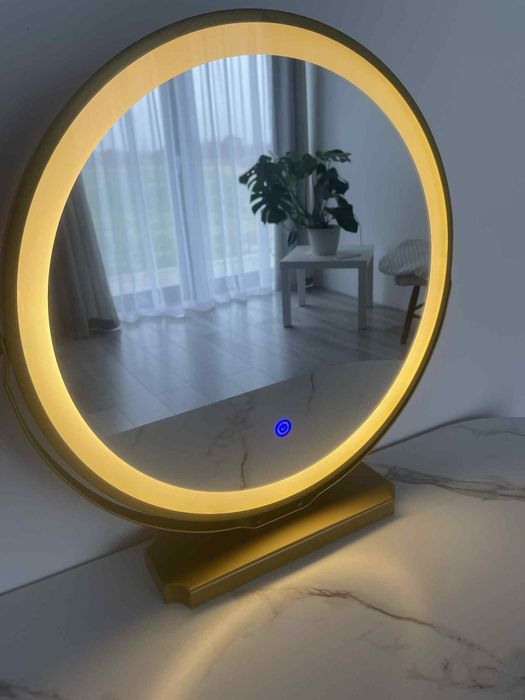 Toaletka z Lustrem LED ASHLEY Różowa z Szufladą i krzesłem pufą