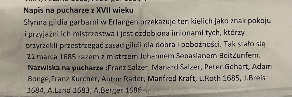 Bardzo stary puchar cynowy 1685r.