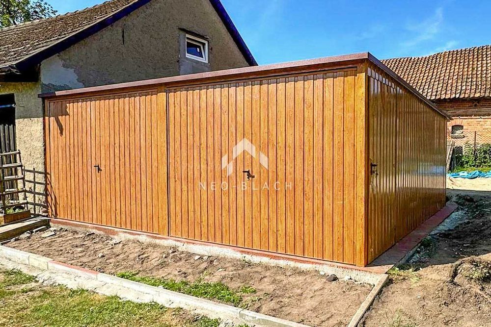 Garaż Blaszany 6X5M 2X Brama Uchylna Drzwi Złoty Dąb Dach Spad Nb196