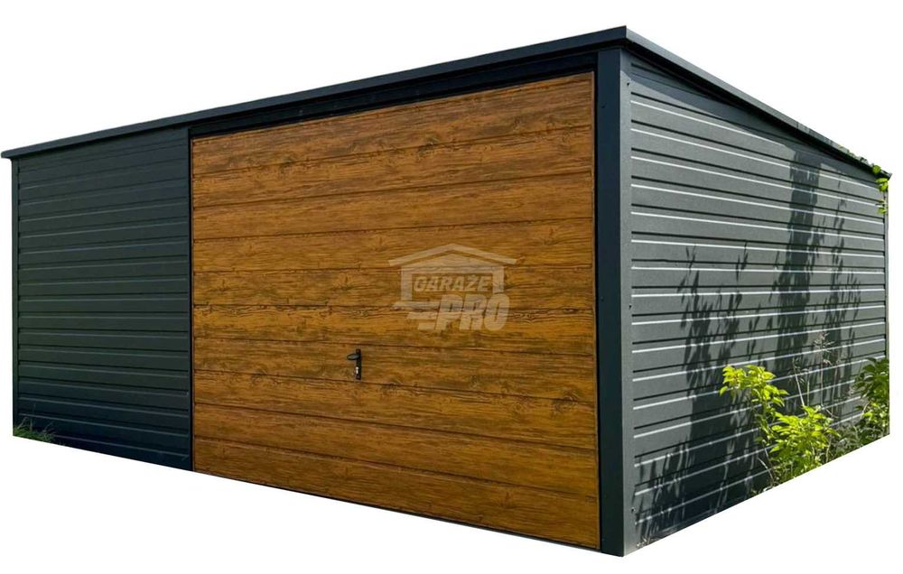 Garaż Blaszany 5x4 Brama uchylna  drewnopodobny dach Spad w tył  GP590