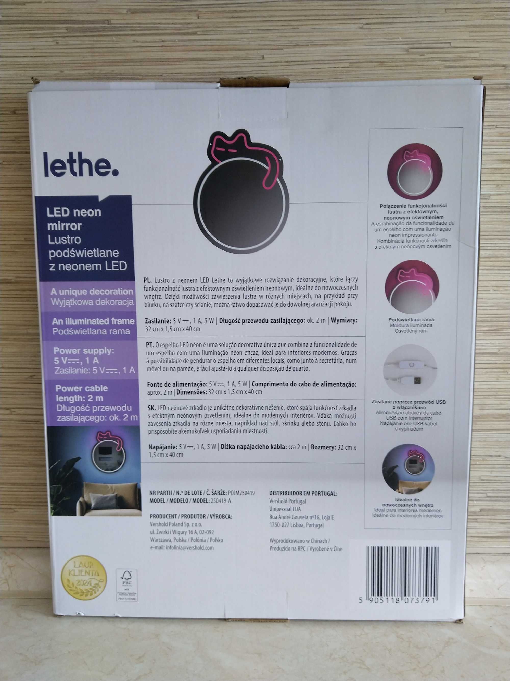 NOWE Lustro Podświetlane z Neonem LED Kot Kotek z Podświetleniem LETHE
