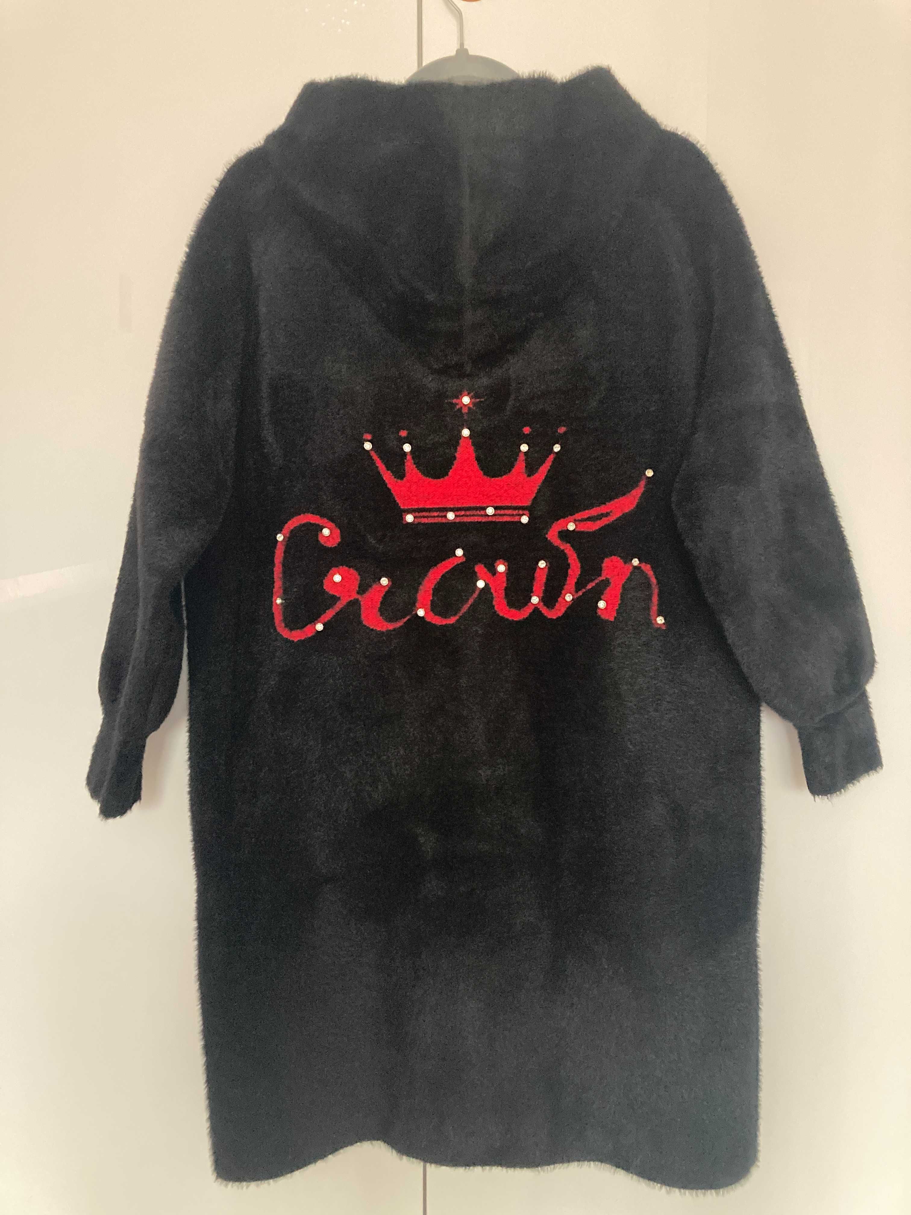 Czarny płaszcz alpaka z kapturem M/L