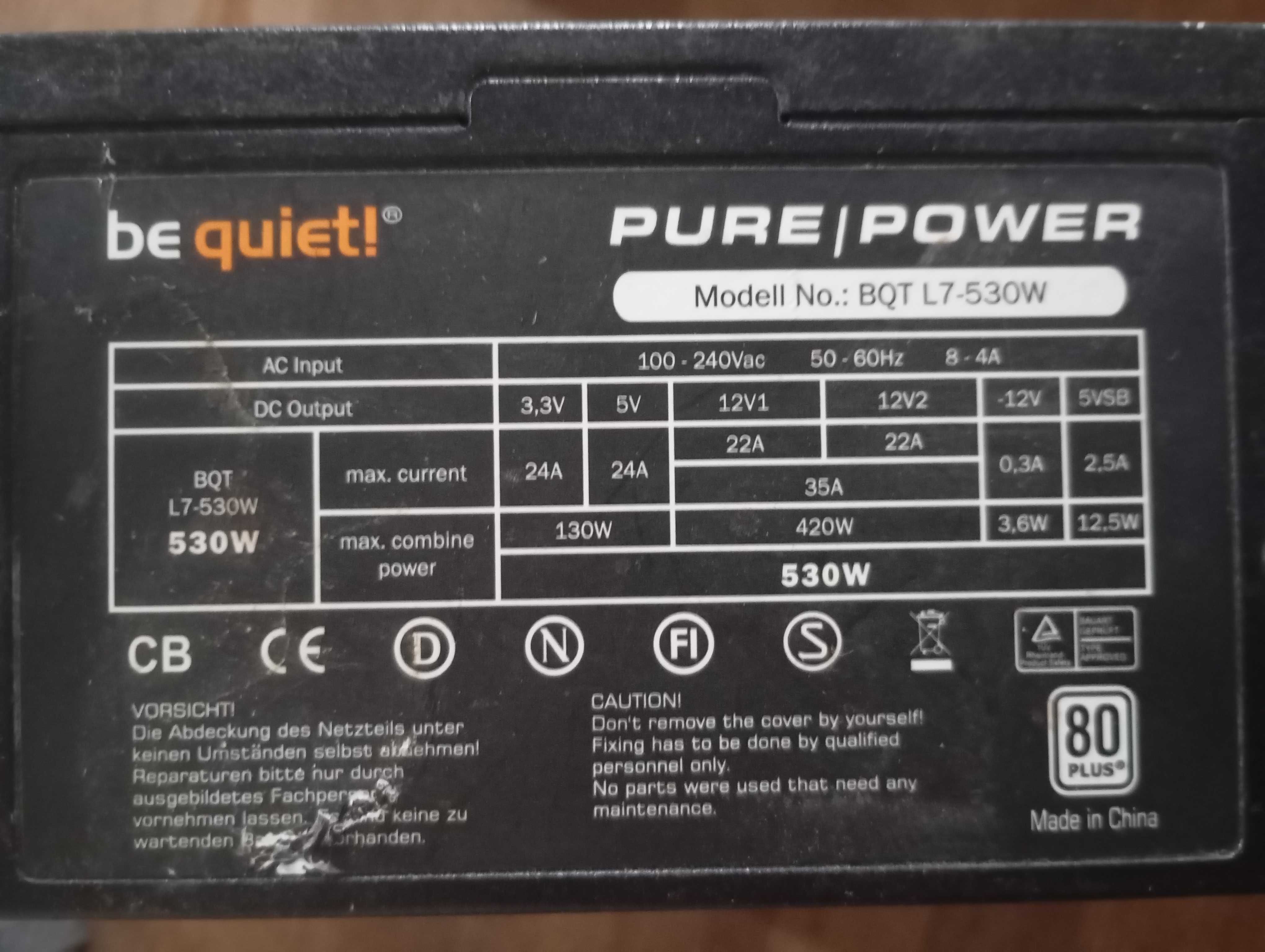 BE Quiet Pure Power 530 watt alimentation for computador