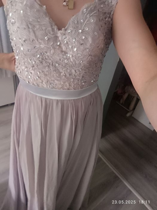 Sukienka beżowa długa maxi wesele ślub wieczorowa S/M