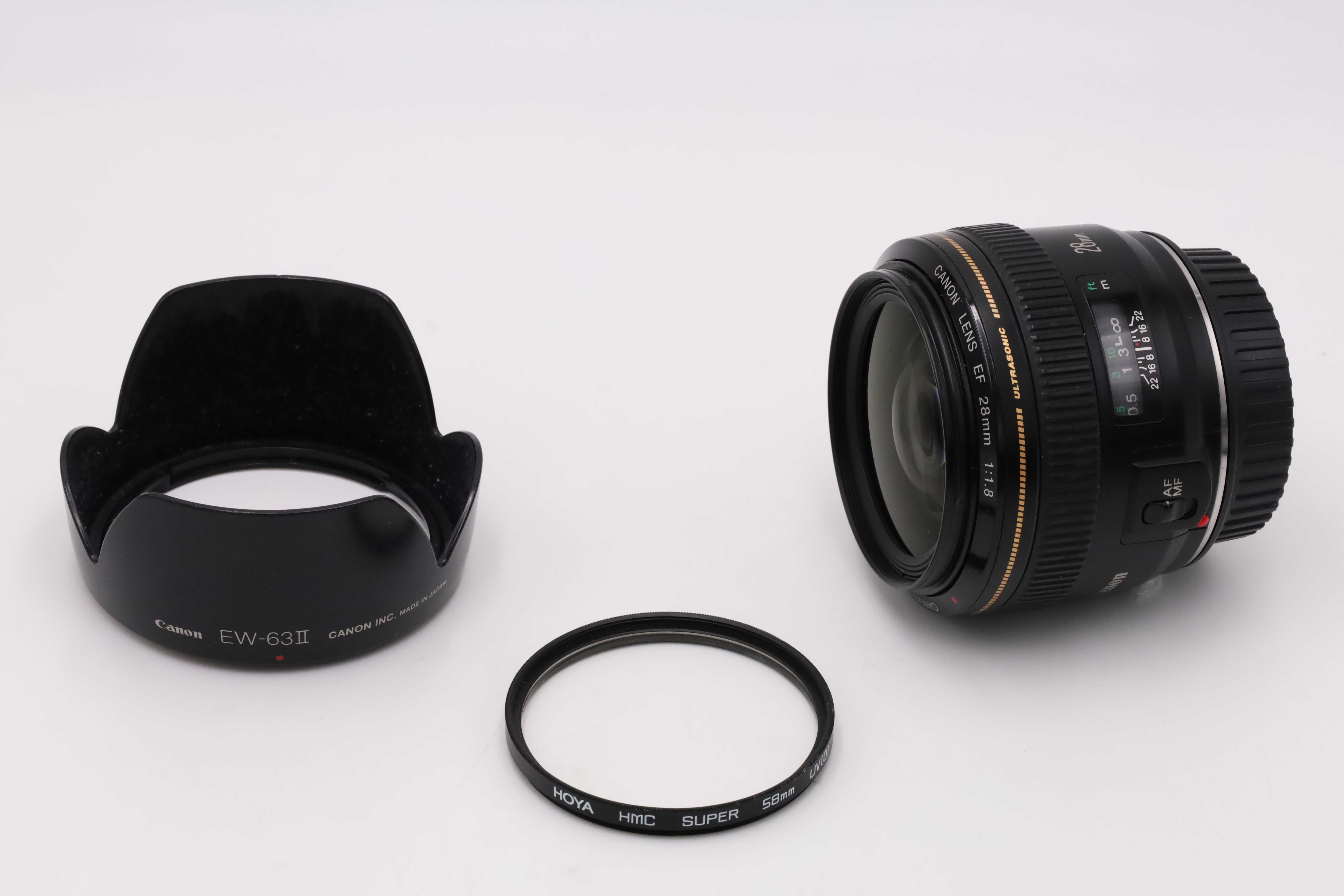 Canon EF 28 mm F 1,8 USM zadbany obiektyw + osłona, HOYA UV jak 35