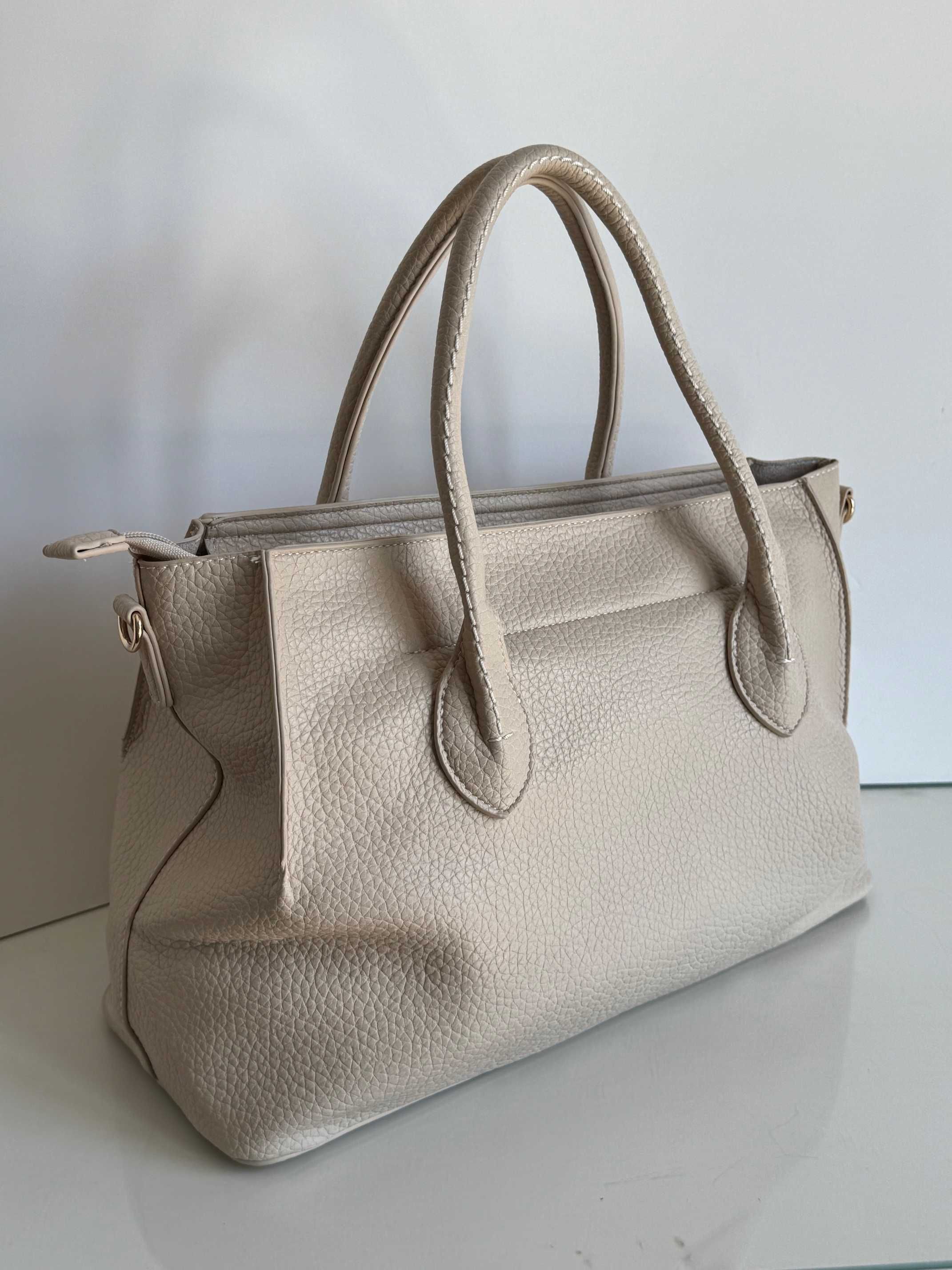 Torebka shopper Bestini Paris ecru duża kremowa pojemna długi pasek
