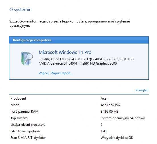 Acer Aspire 5755G  I5 ,  15.6" , 11Pro  - Stan BDB.