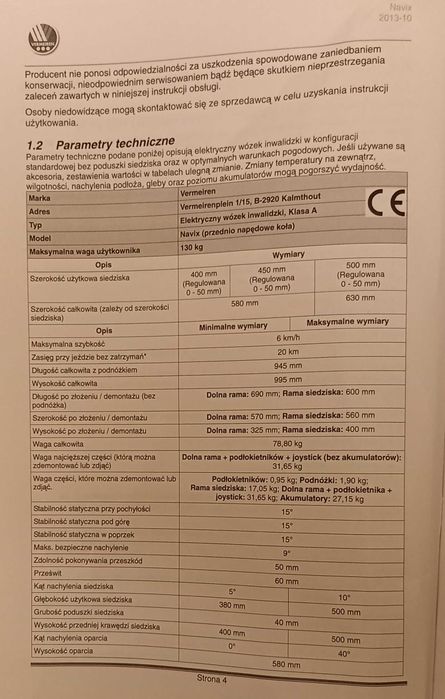 Wózek inwalidzki, elektryczny pokojowo terenowy  Navi bez akumulatora