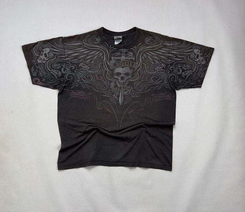 Koszulka Liquid Blue Skull Gothic Affliction Over Print Vintage 90’s
