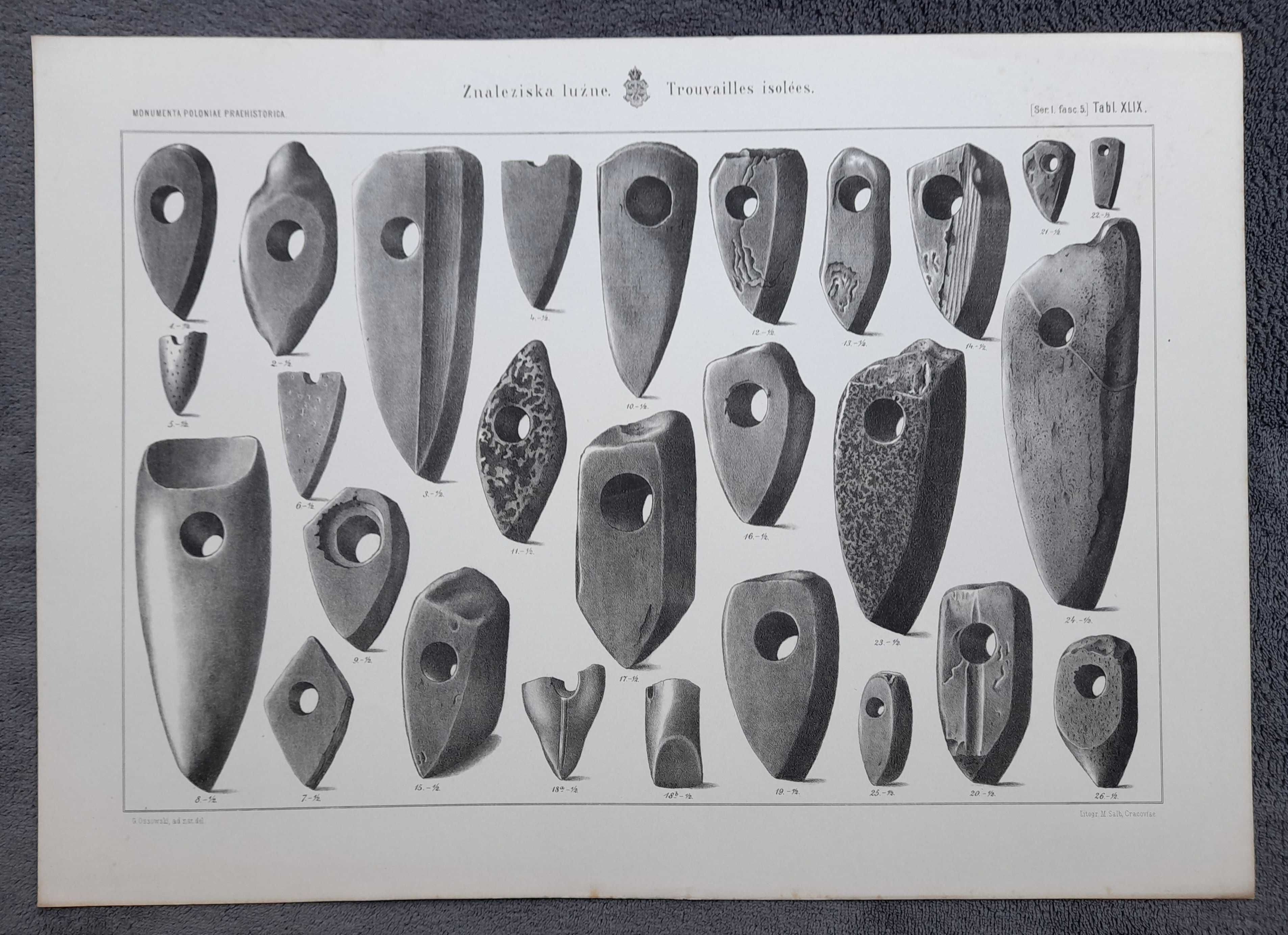 Duża grafika/litografia z 1888 roku: Topory kamienne (archeologia)