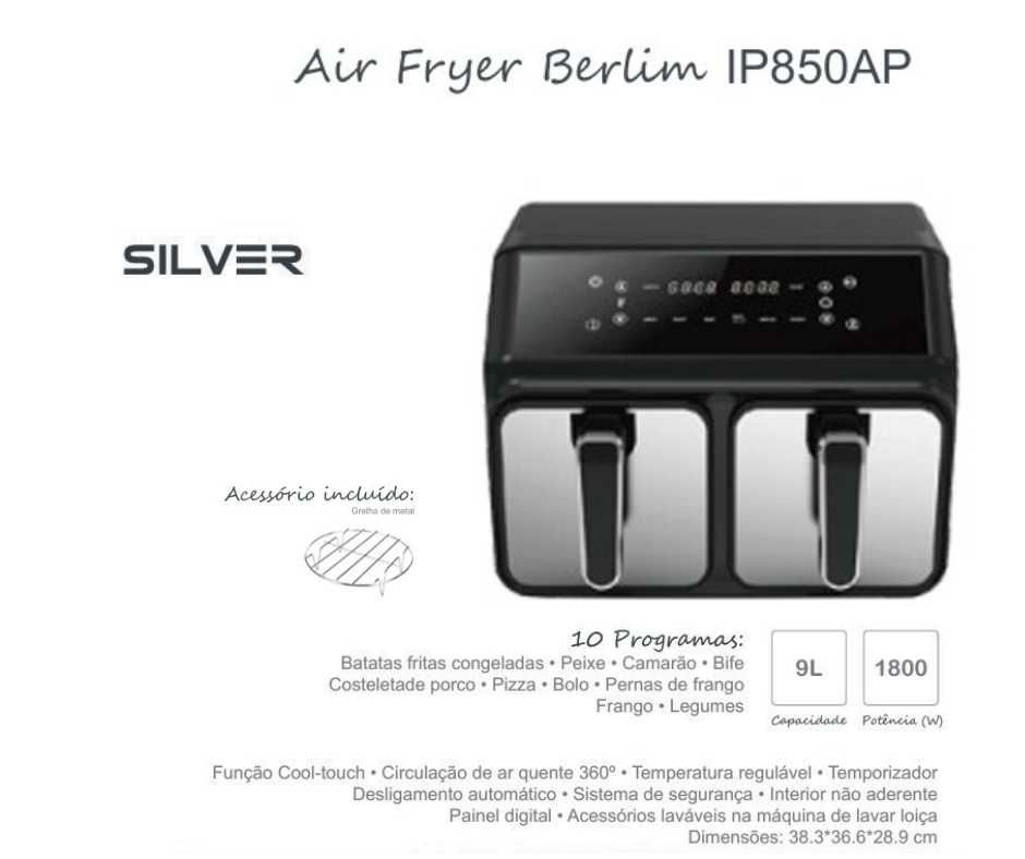 Fritadeira sem óleo Duas gavetas 8L Silver - Air fryer