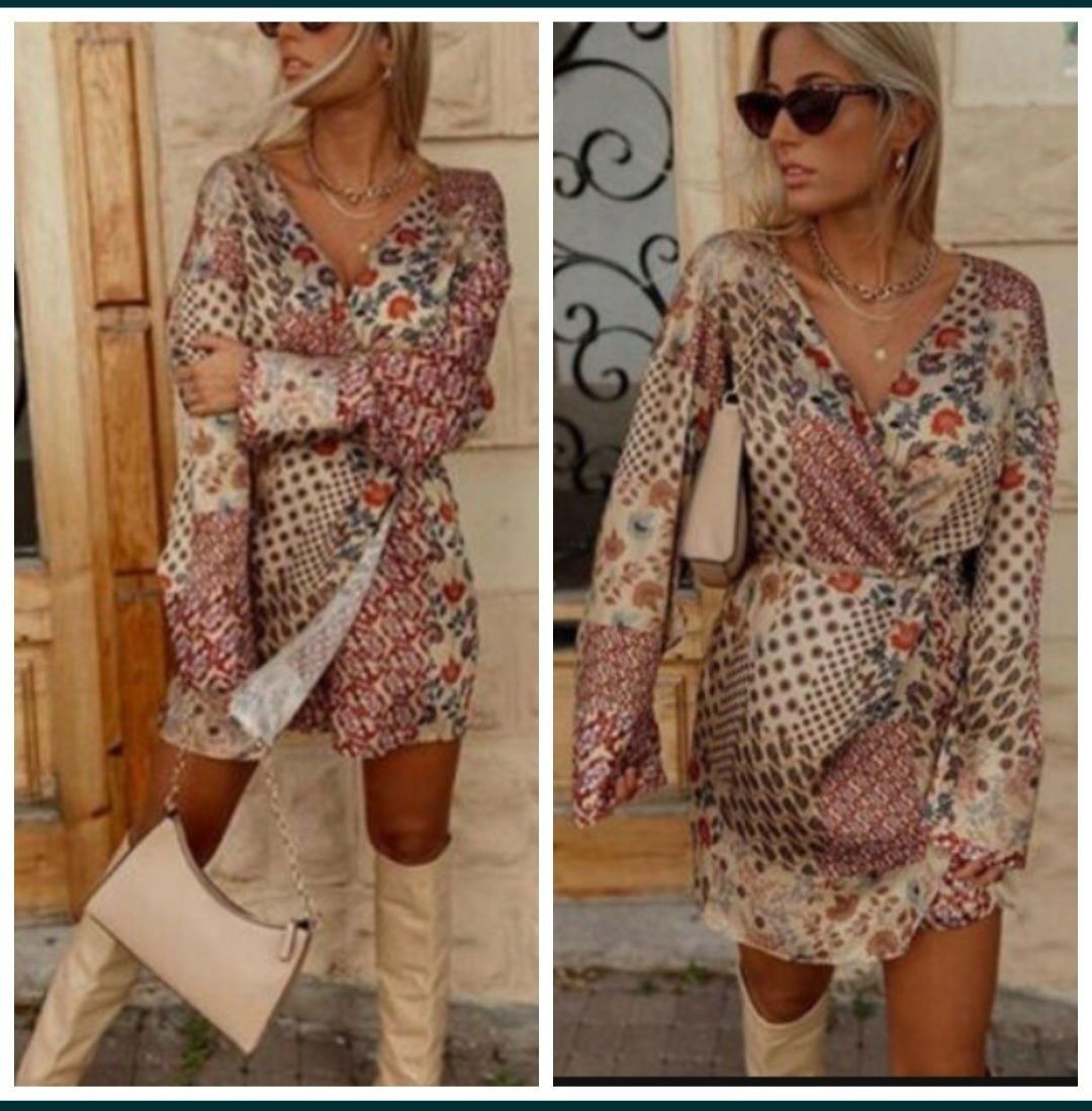 Zara modny stylowy kombinezon sukienka wzór roz Xs satynowa