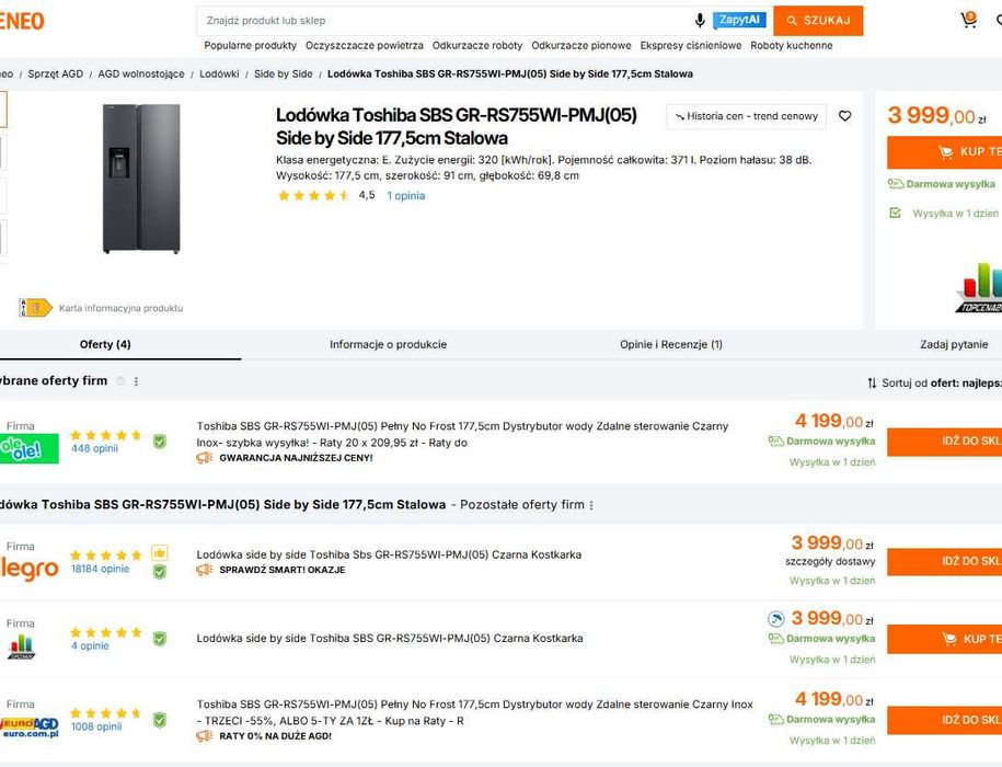 NOWA Toshiba KOSTKARKA lodówka GR-RS755WI Side by  gwar 2 lata M2