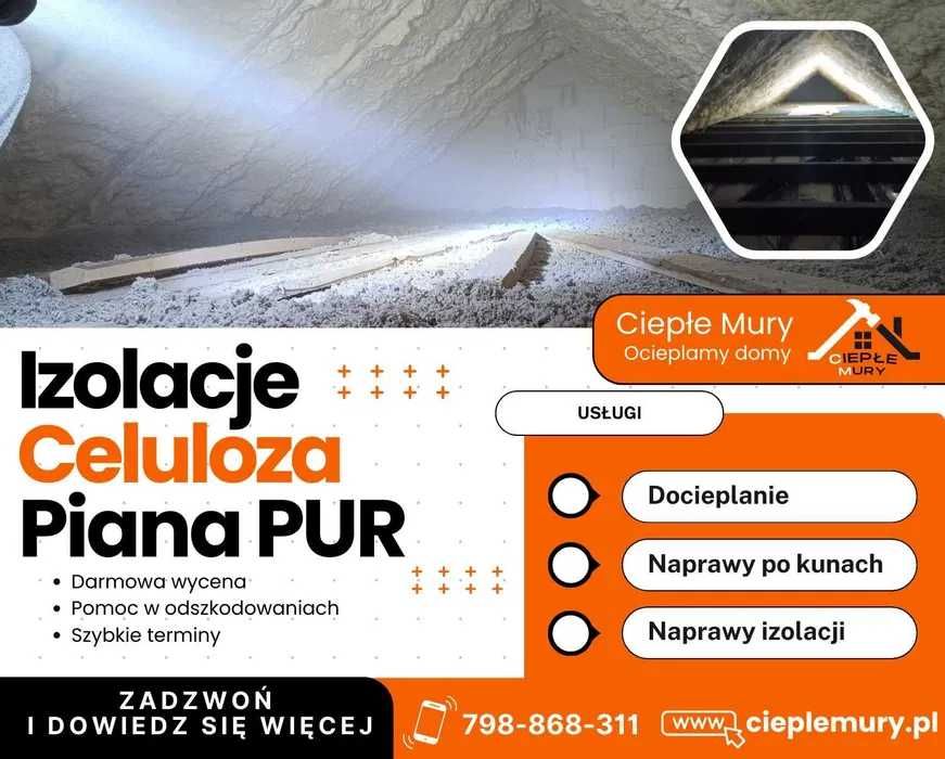 Ocieplanie celulozą, Ocieplanie pianką PUR, naprawa dachów po kunach