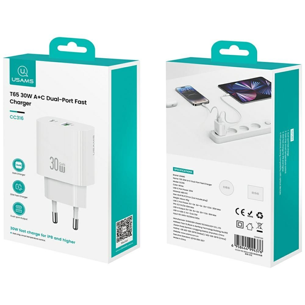 Ładowarka sieciowa USAMS CC316 T65 30W   1xUSB-C 1xUSB-A Fast Charging