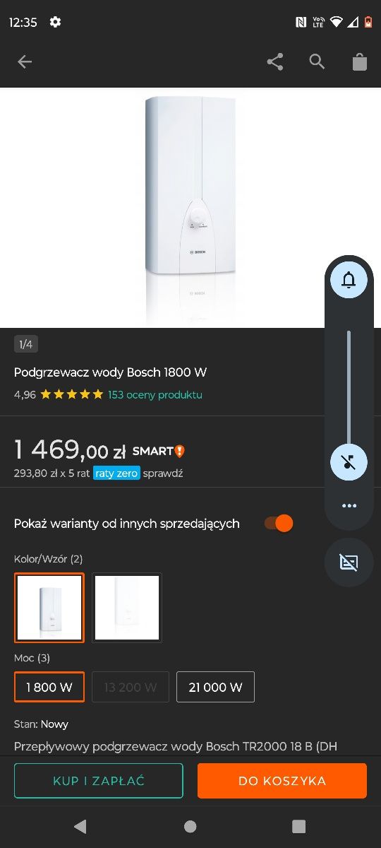 Przepływowy ogrzewacz wody 18kw