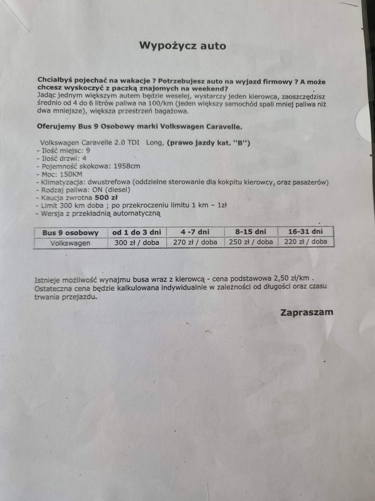 Wynajem busa 9 -cio osobowego , Carevelle , Automat ,rok  2021