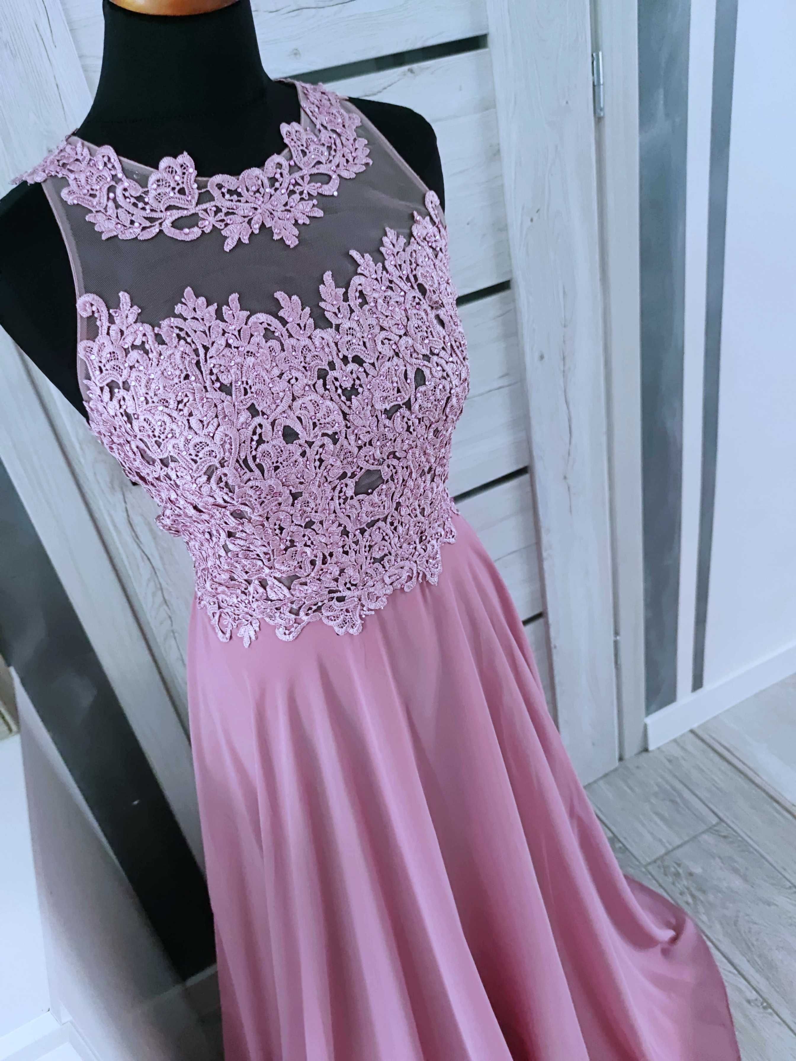 rozmiar xl różowa balowa suknia długa wieczorowa z koronką 42 44
