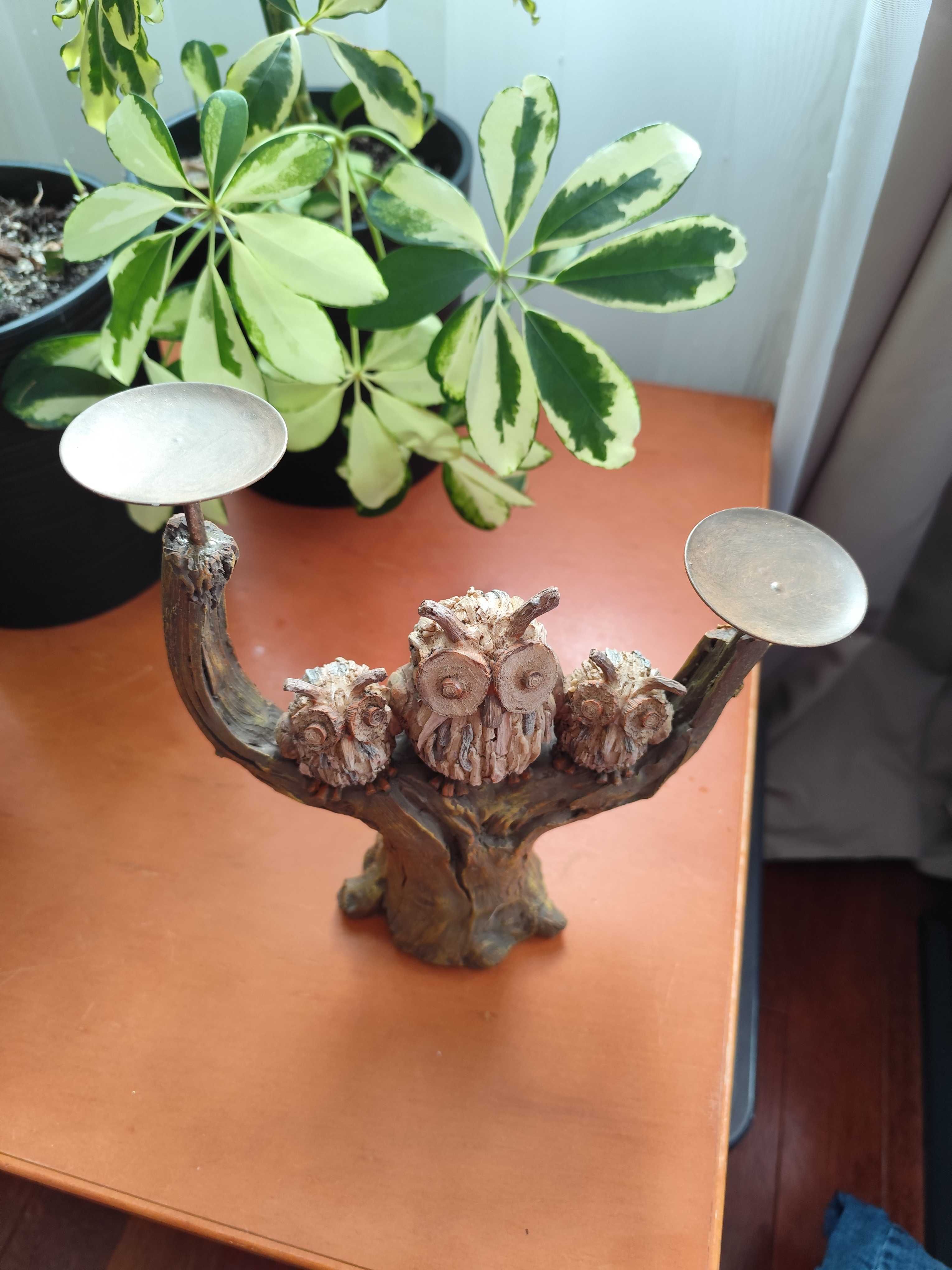 świecznik sowa na pniu, sowy, na 2 świeczki tea light