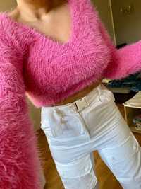 Nowy różowy włochaty sweter pluszowy sweterek