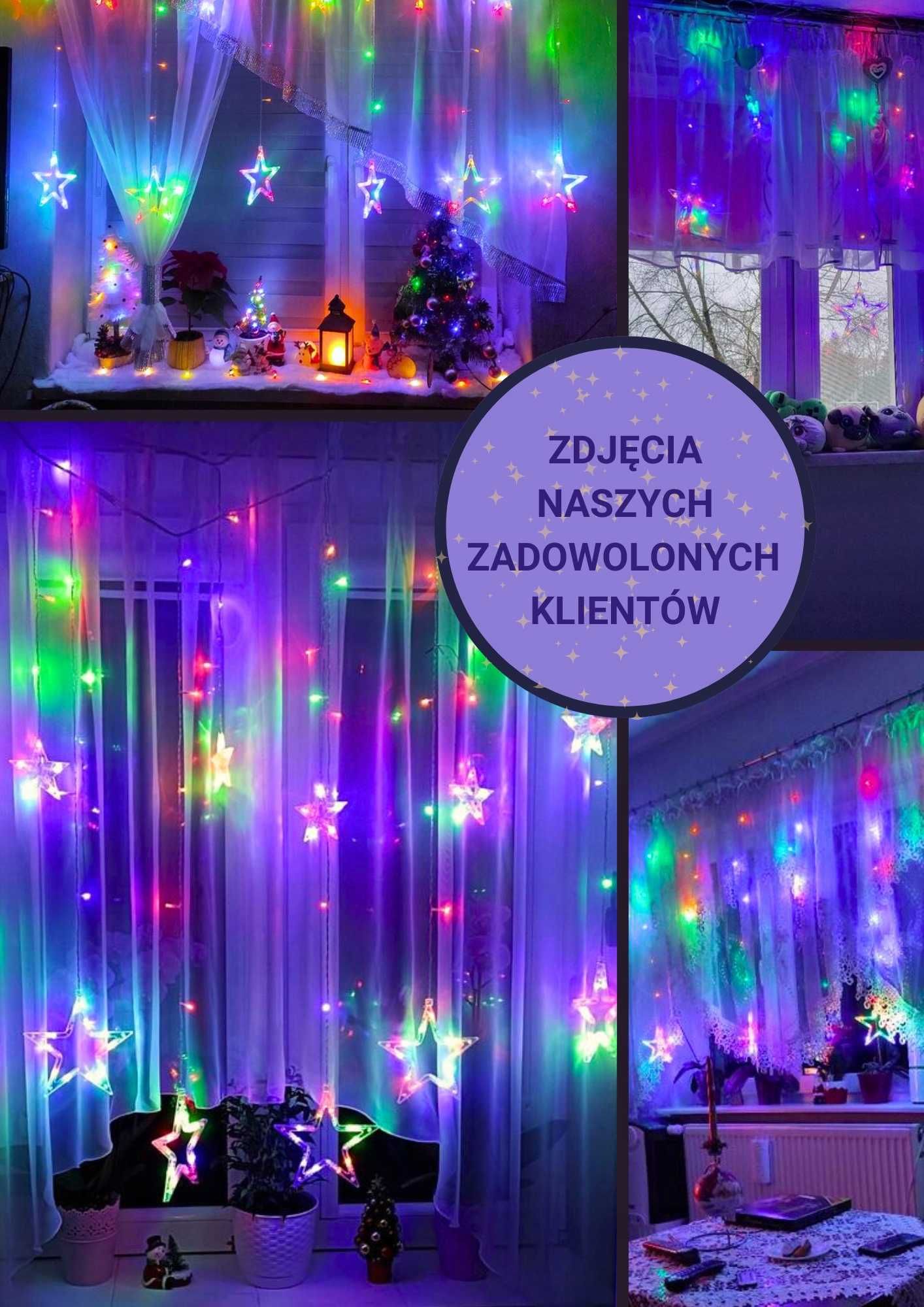 KURTYNA ŚWIETLNA LED LAMPKI świąteczne na okno gwiazdki kolorowe 3M