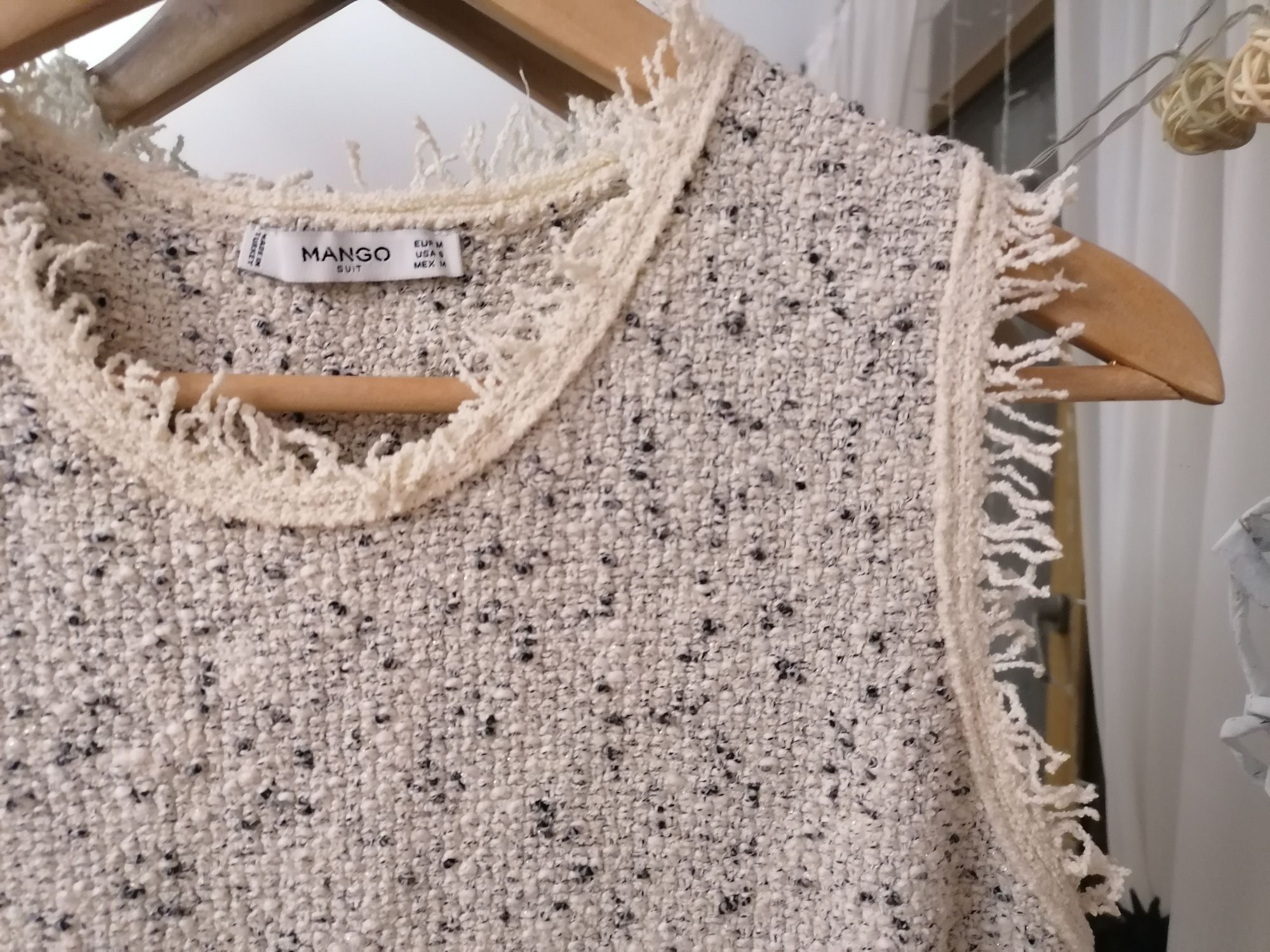 Sukienka tweed , MANGO, ecru/beżowa,frędzle, r. M/36/38