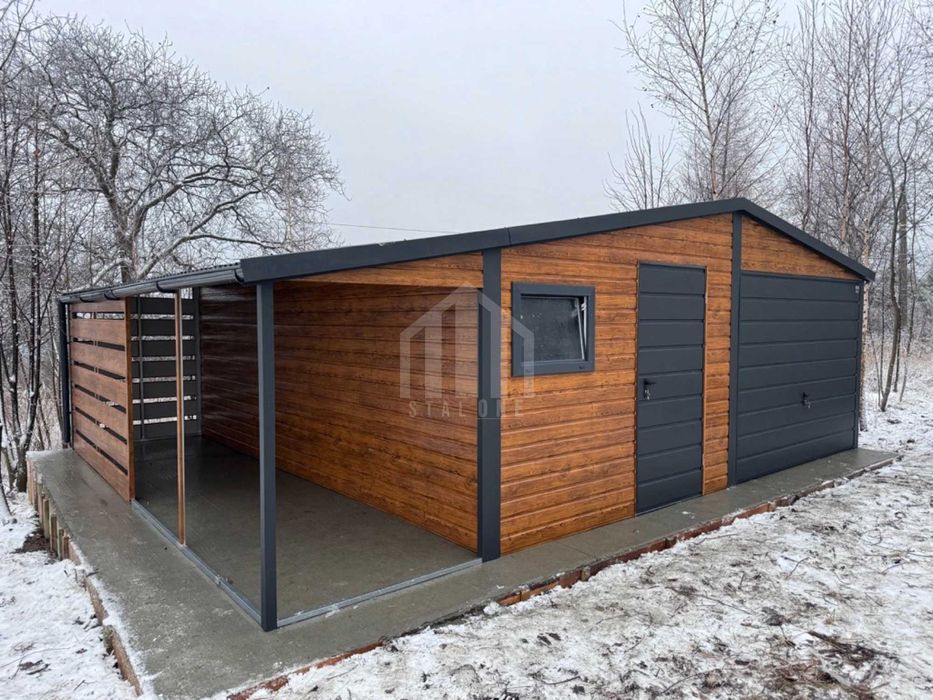 Garaż blaszany 6x6m + wiata 2m - brama drzwi okno dach rynna SO134