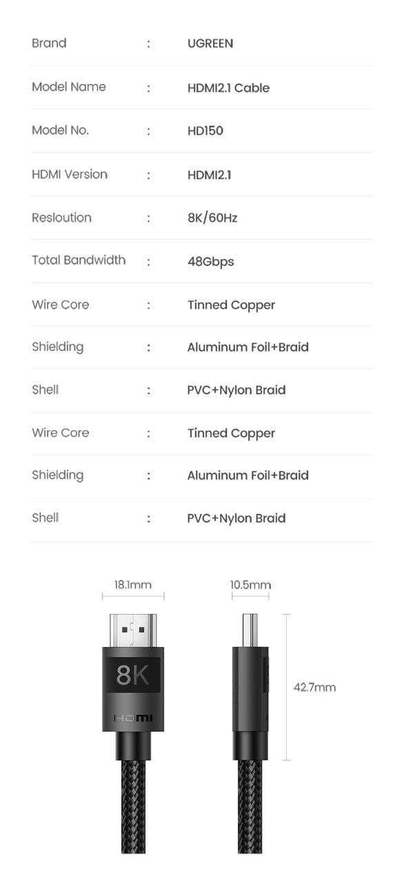 Кабель HDMI UGREEN 8K 60Hz 4K 120Hz HDMI2.1 48Gbps - 1m