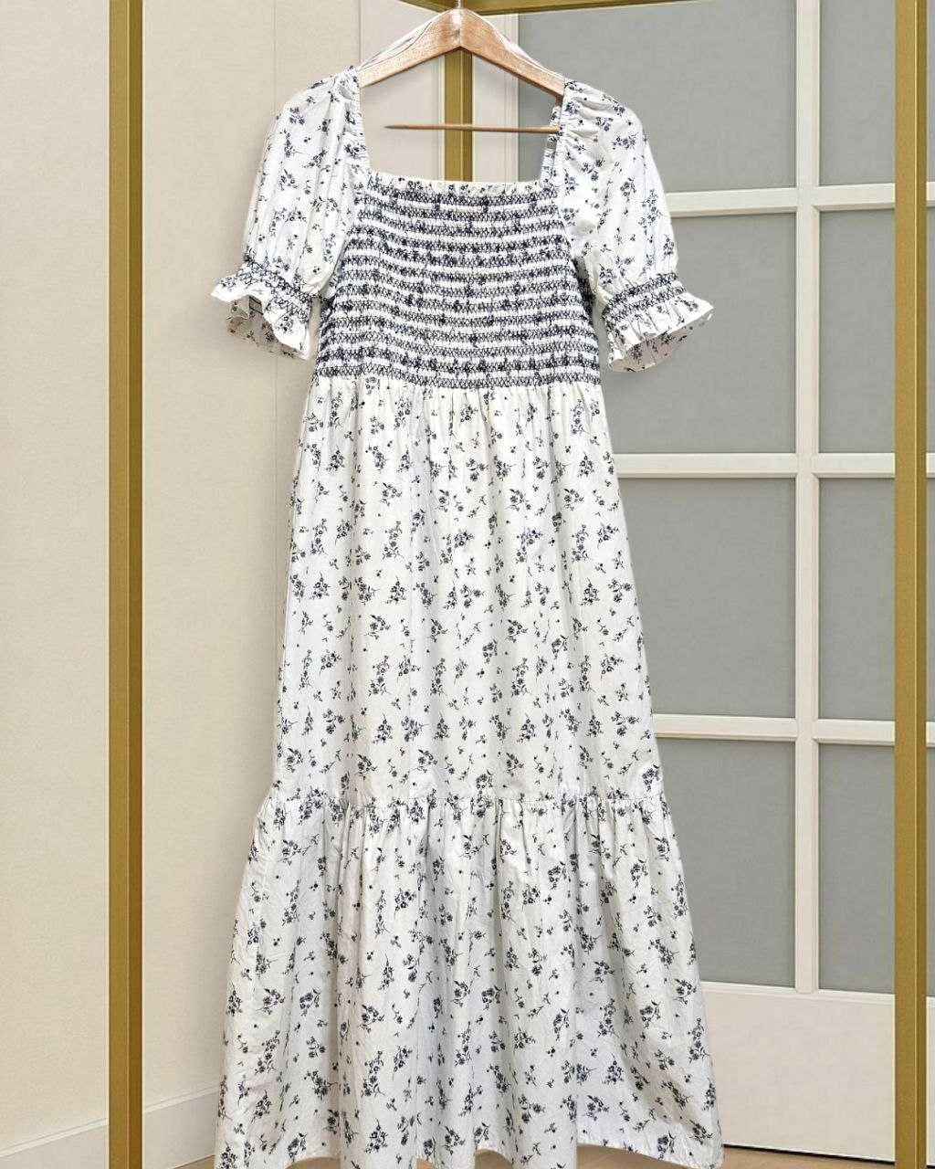 Белое хлопковое платье Marks&Spencer в цветочный принт, р. М