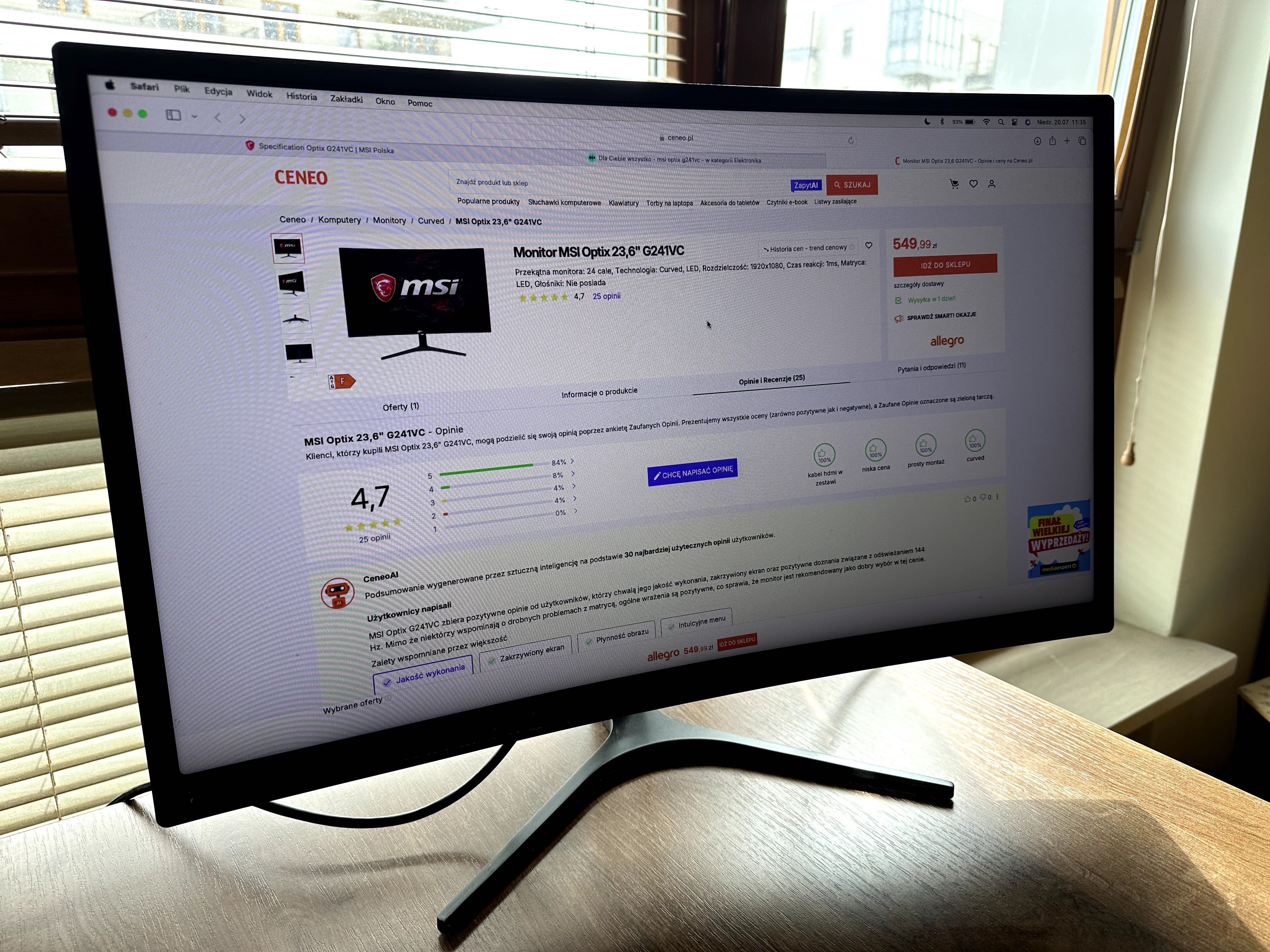 Monitor MSI Optix G241VC (+ kabel HDMI) zakrzywiony