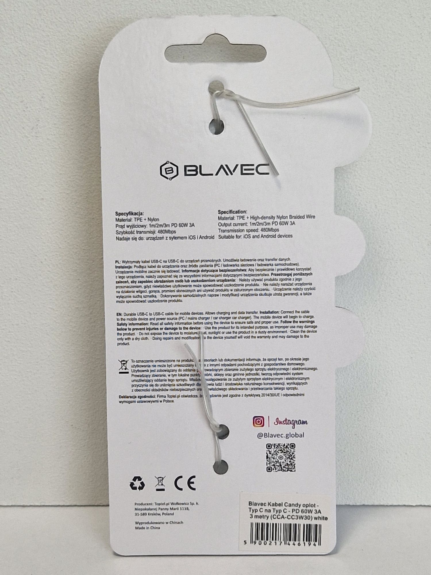 Blavec Kabel Candy oplot - Typ C na Typ C - PD 60W 3A 3 metry Apple