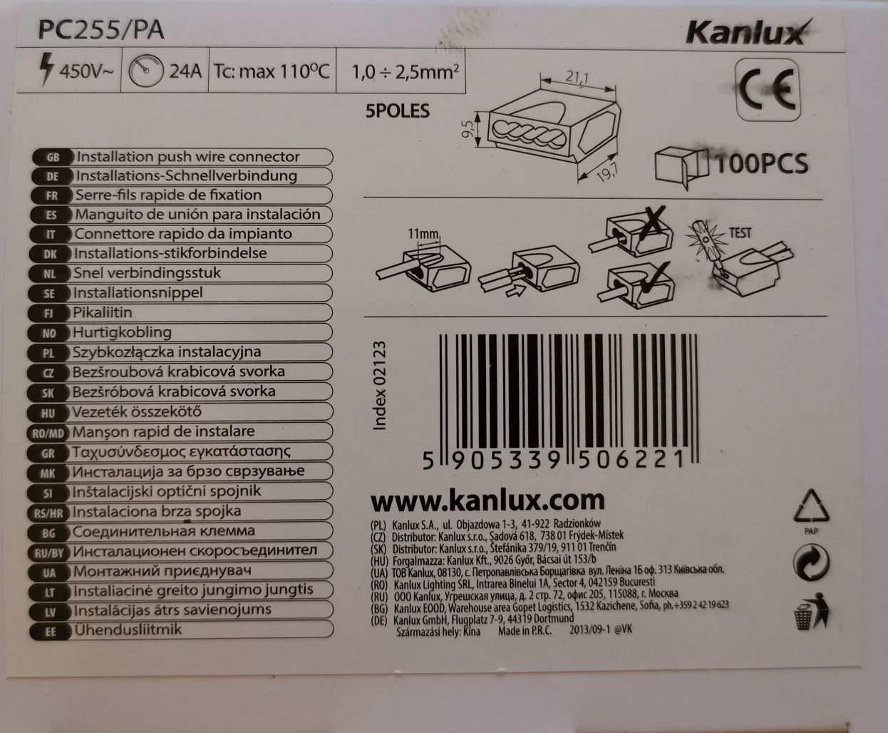PC255/PA Szybkozłączka instalacyjna Kanlux 100szt/1opakowanie
