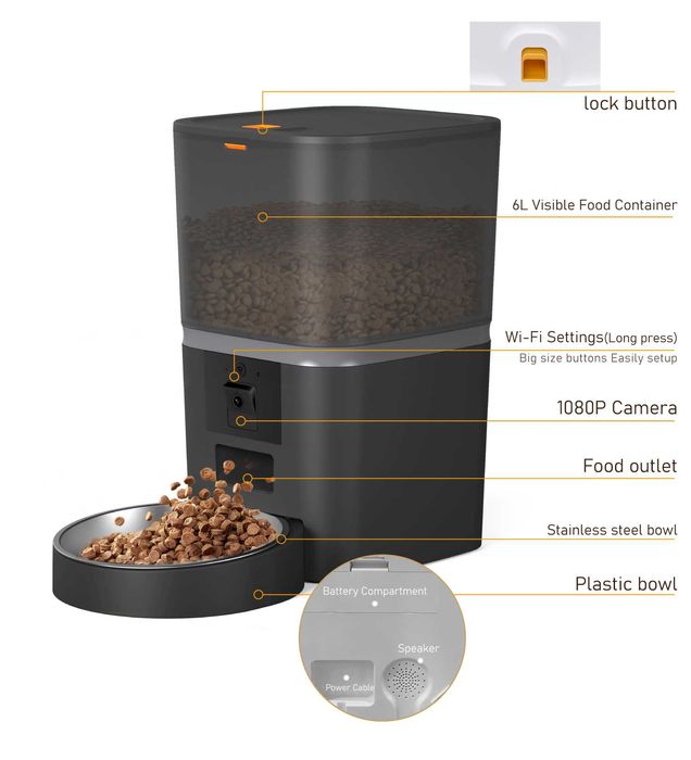 Dozownik karmy 6L z kamerą – wygodne karmienie psa lub kota
