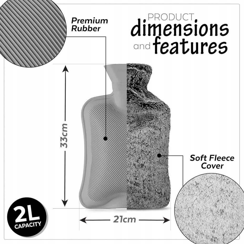 Termofor duży pluszowy termofor gumowy na wodę w pokrowcu ogrzewacz 2L