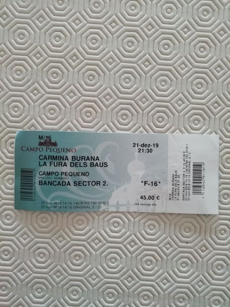Bilhete Carmina Burana & La Fura dela Baus PARA COLECIONADORES
