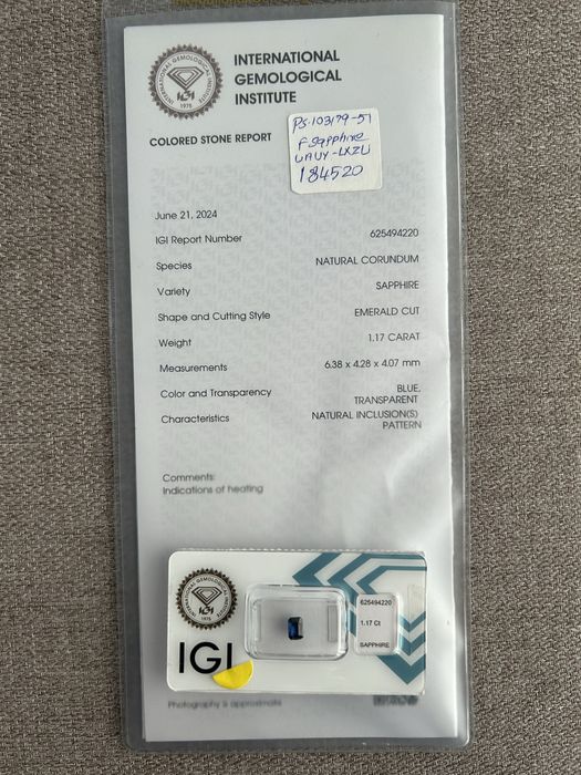 Szafir 1.17 Ct - certyfikat IGI (blue sapphire)